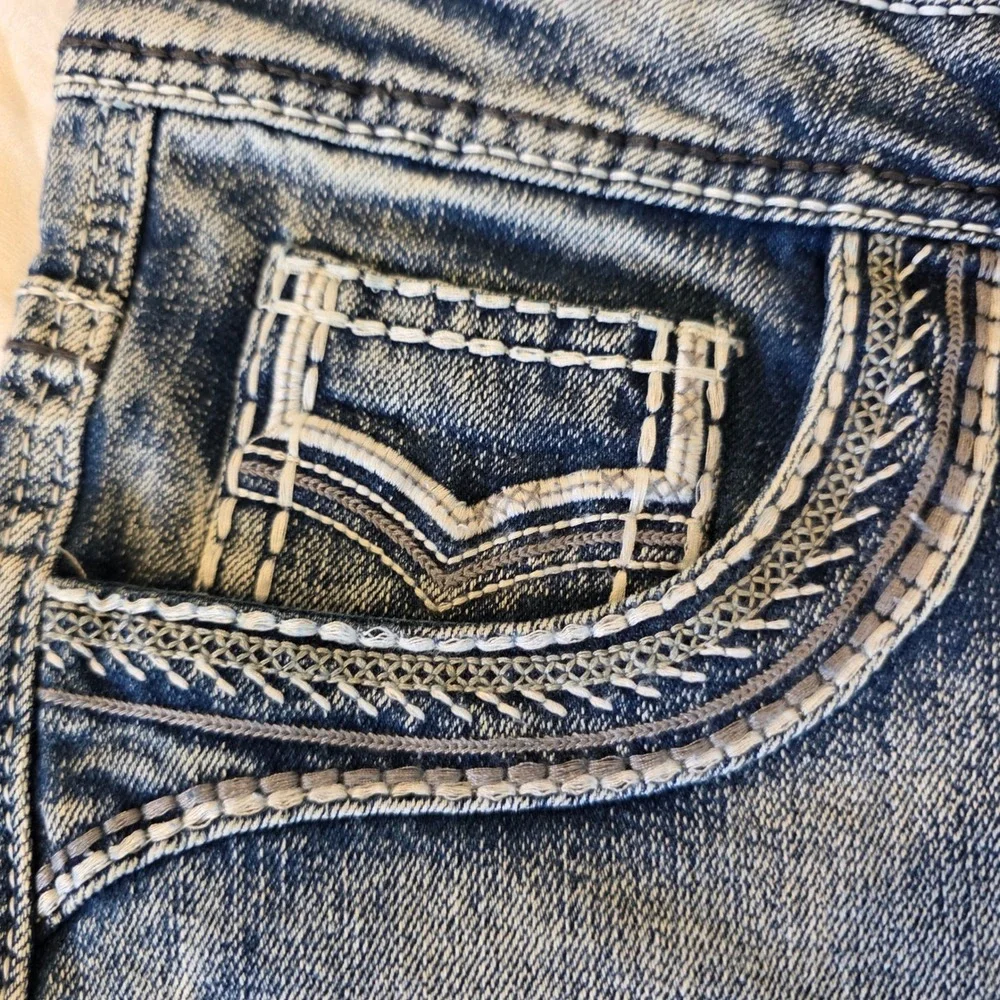 Mens‎ Western Blue Jeans ESDVQ Light Wash Thick Stitch Embroidered 37x30 Y2K